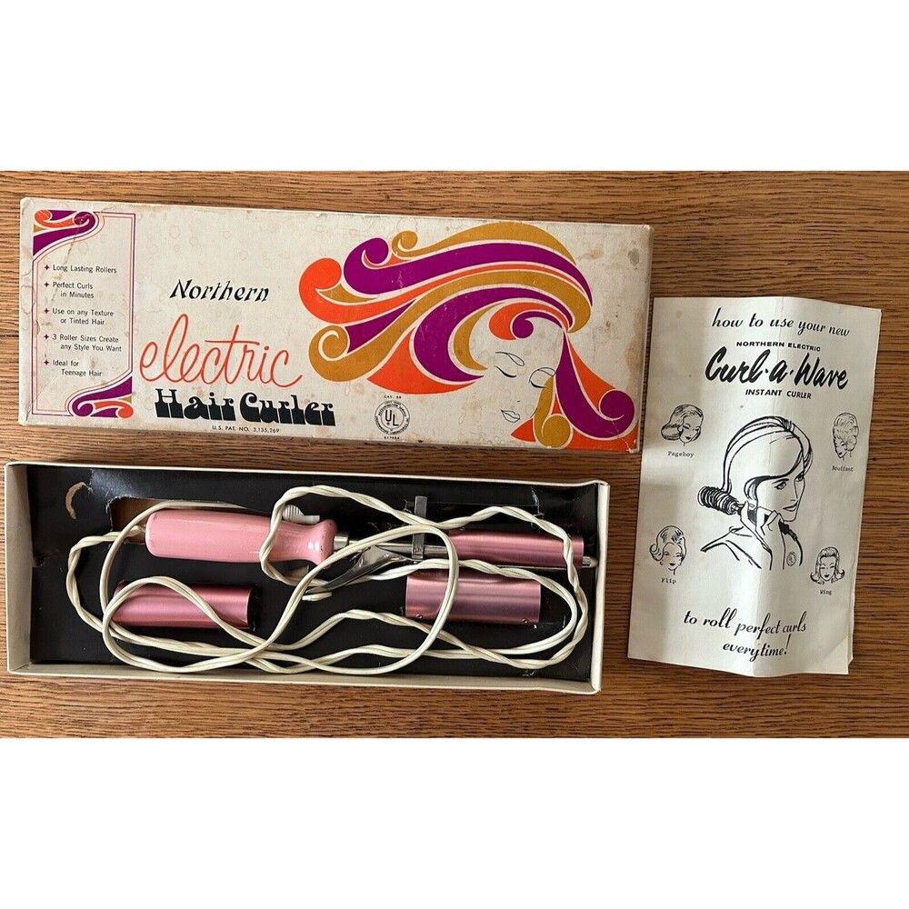 Vintage Northern Electric Pink Hair Curler with 3 Rollers, Box & Instructions